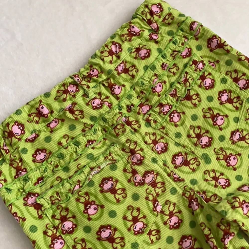 CR Kids | Lightweight Corduroy Wide Leg Monkey Print Pants Green/Brown/Pink (5)